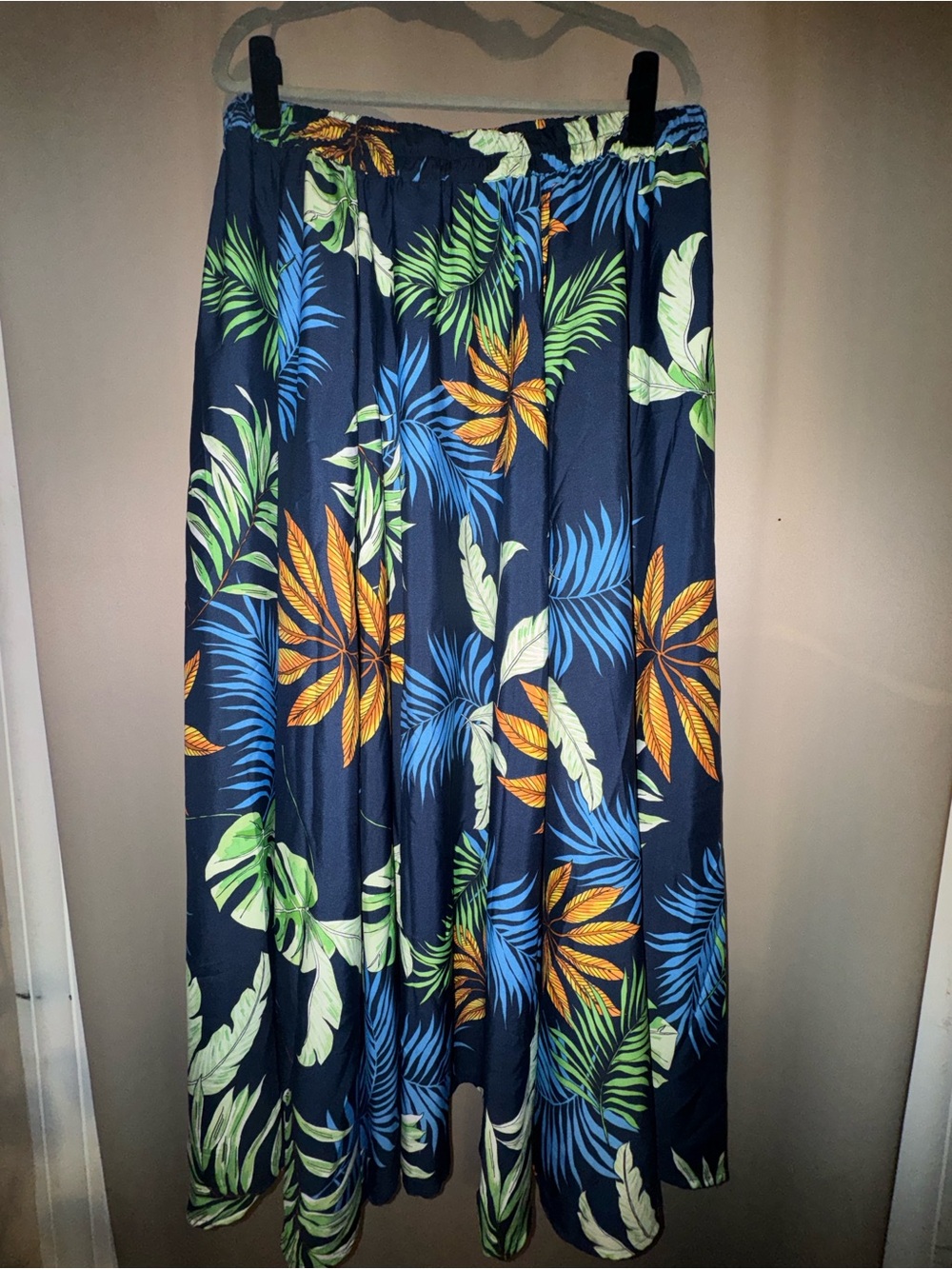 Mlle Gabrielle Navy Maxi Skirt with Green & Orange Tropical Leaves
